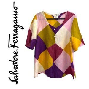 Vintage SALVATORE FERRAGAMO Colorblock linen relaxed loose short sleeve Blouse 6